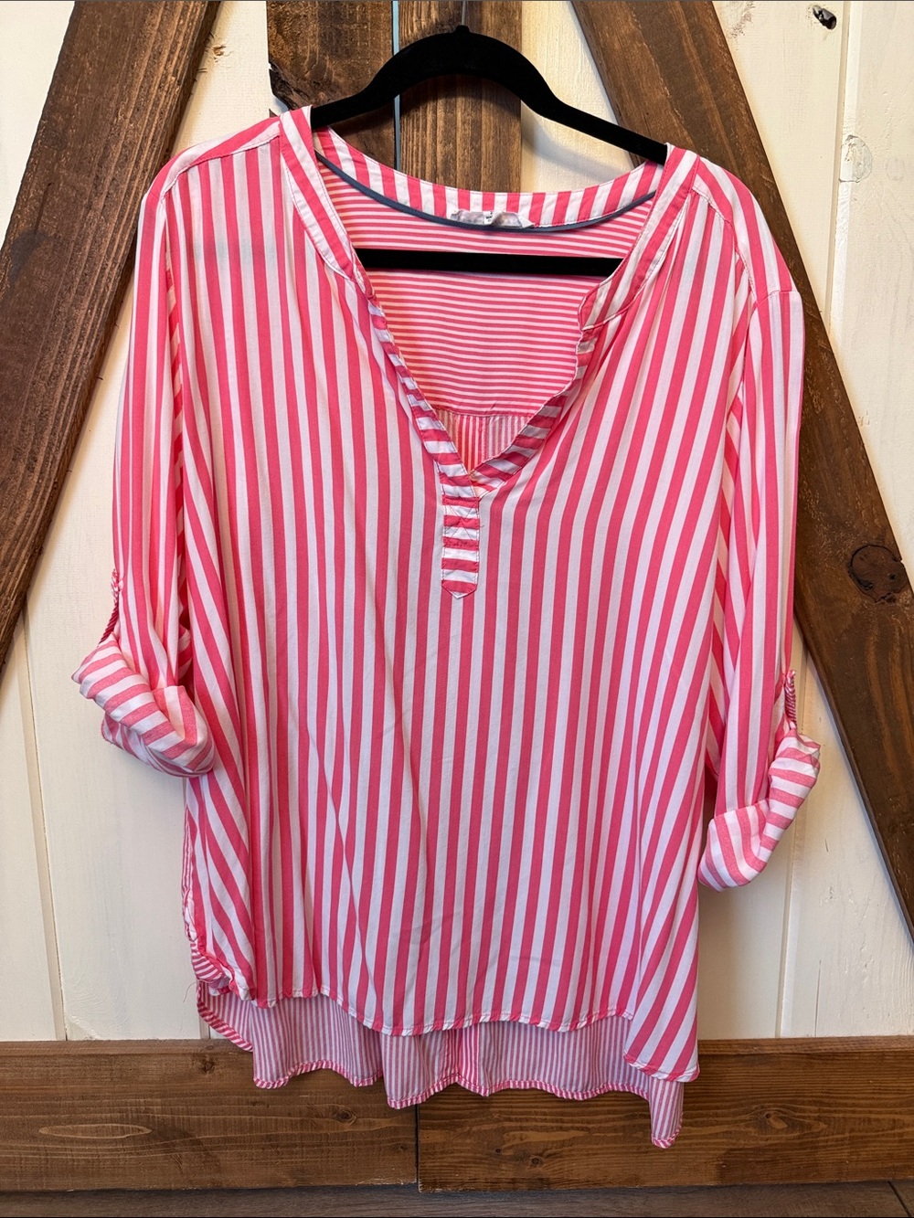 Womens Pink and White Striped V-Neck Roll-Sleeve Top